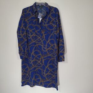 Wonder Blue Long Sleeve Placket Dress with Pockets w/ Gold Chain Design, Medium